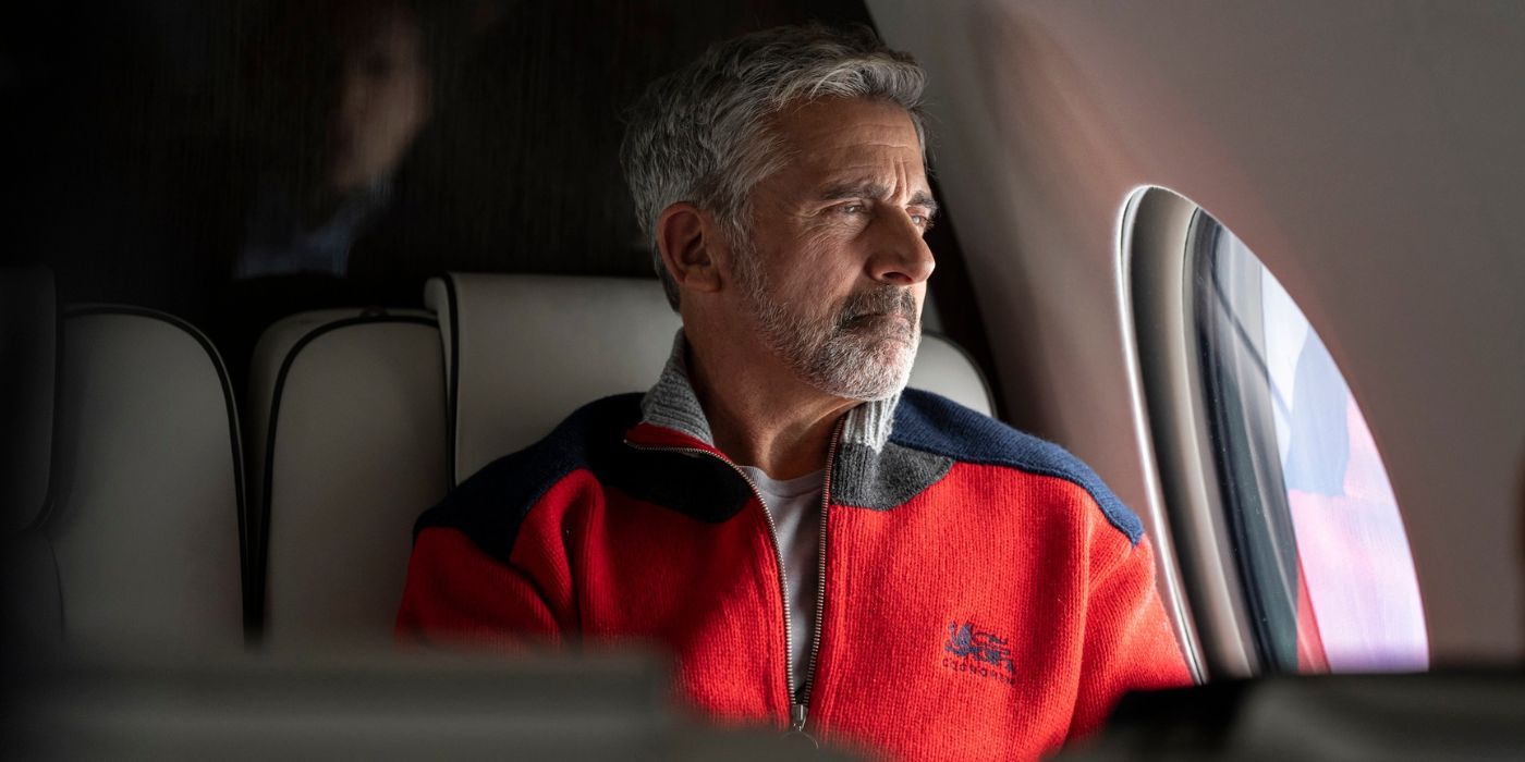 Steve Carell wearing a designer red jacket as Randall in Mountainhead.