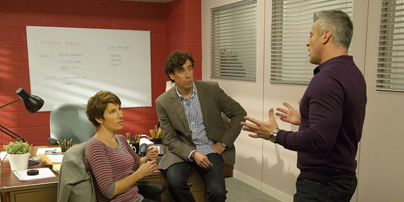 Tamsin Greig, Stephen Mangan and Matt LeBlanc in Episodes.