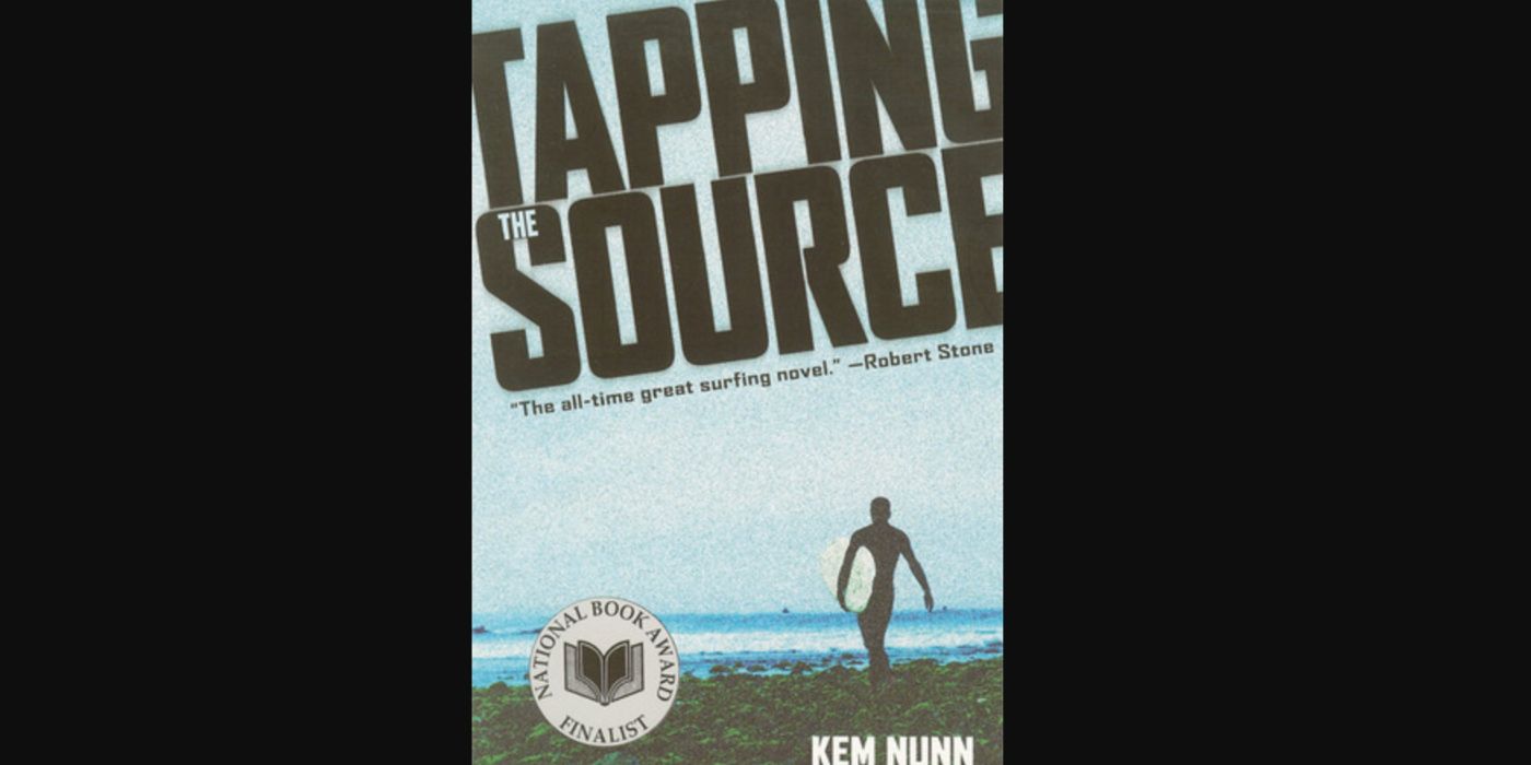 The cover for Kem Nunn's book Tapping the Source with a person carrying a surfboard on a beach.
