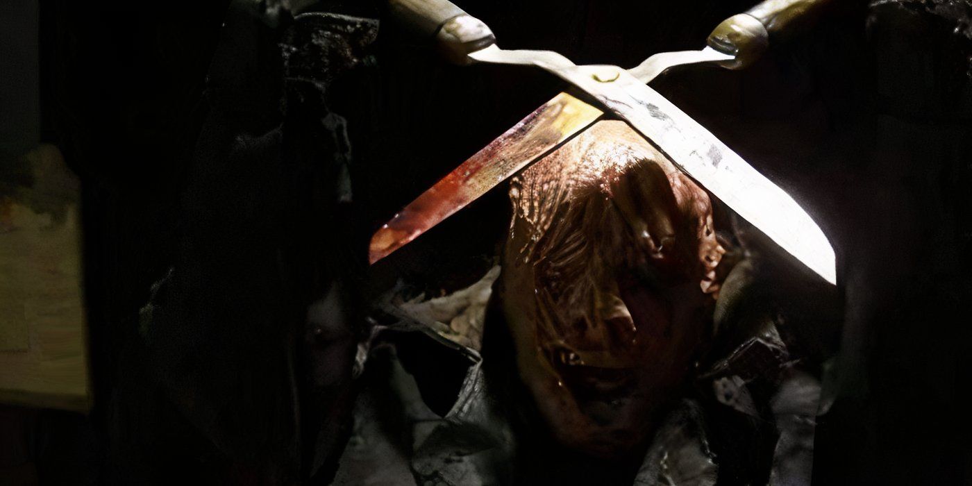 Cropsy holds a pair of shears over his head in a haunting manner in The Burning. 