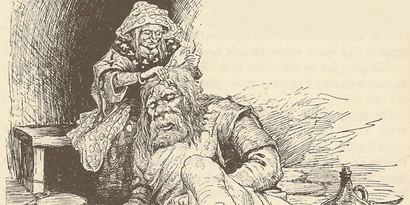 The Devil's grandmother combs his hair while he sleeps