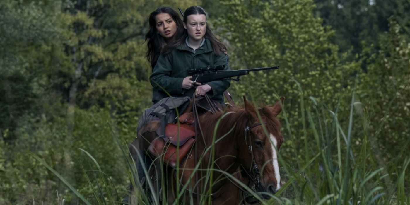 Ellie and Dina riding the horse Shimmer in The Last of Us Season 2