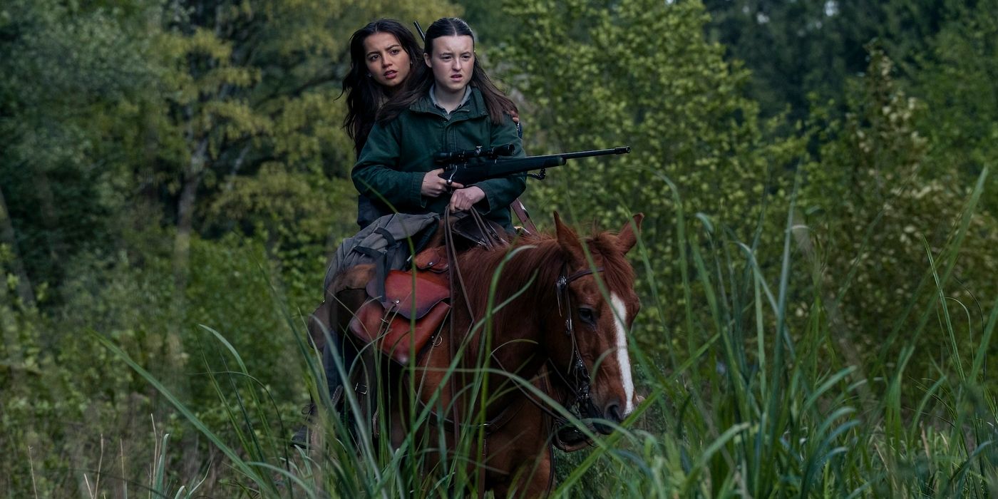 Isabela Merced and Bella Ramsey riding Shimmer the horse