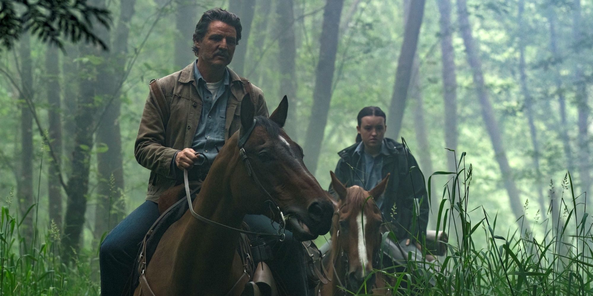Pedro Pascal as Joel with Bella Ramsey as Ellie on horses in the woods in The Last of Us Season 2