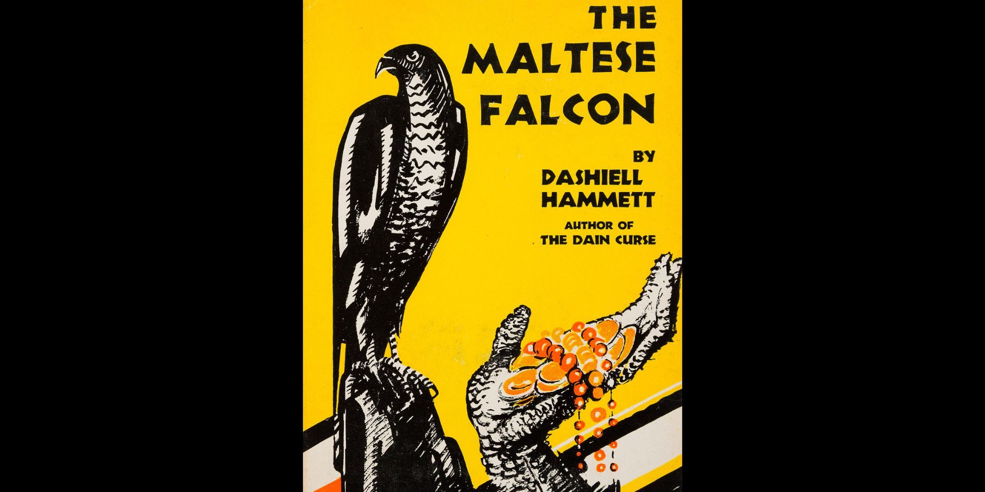The cover of the book The Maltese Falcon by Dashiell Hammett with a hand holding a necklace and a bird nearby.
