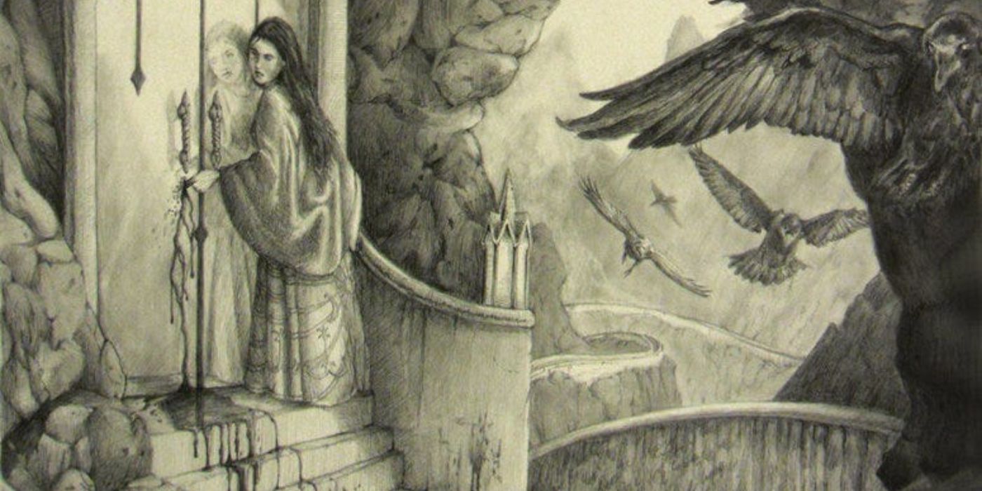 A young woman cuts off her finger to open a door while ravens fly around