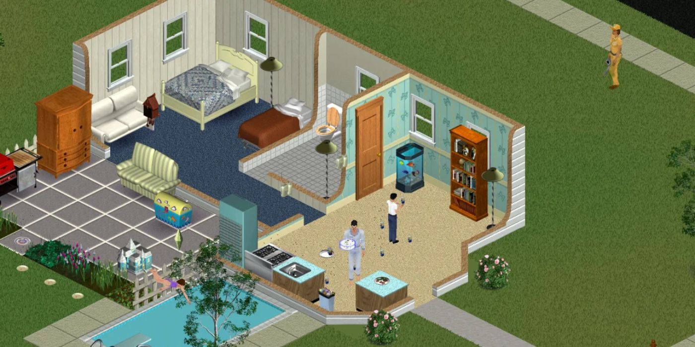 The inside of a house with people in it in the game The Sims