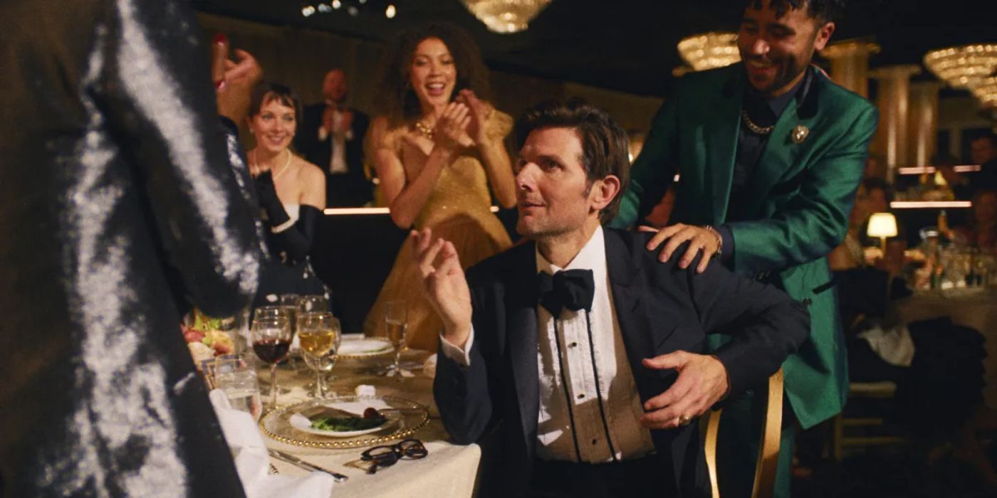 Adam Scott reacts to winning a Golden Globe in 'The Studio'