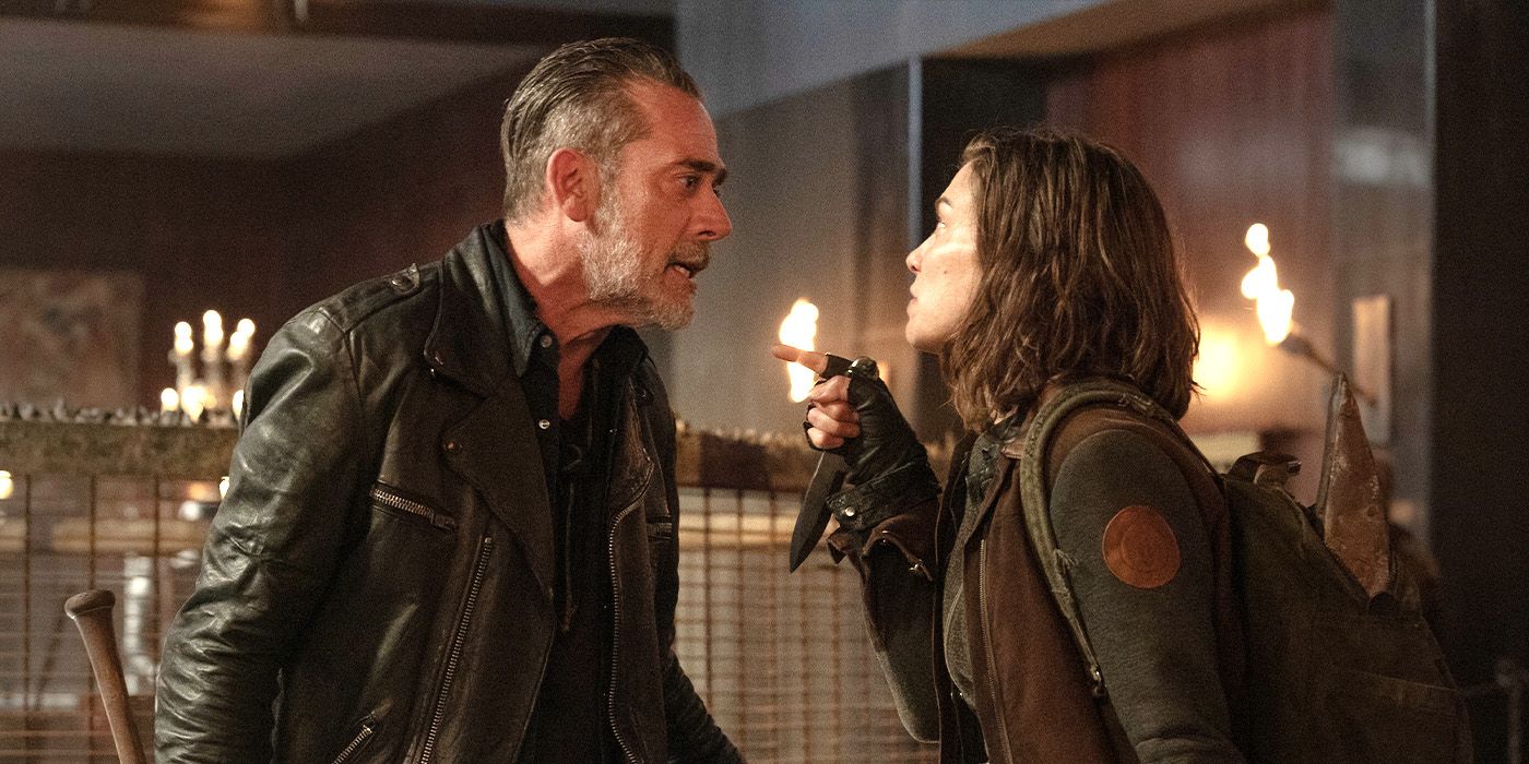 Jeffrey Dean Morgan como Negan conversando com a maggie de Lauren Cohan em The Walking Dead: Dead City Season 2, episódio 4
