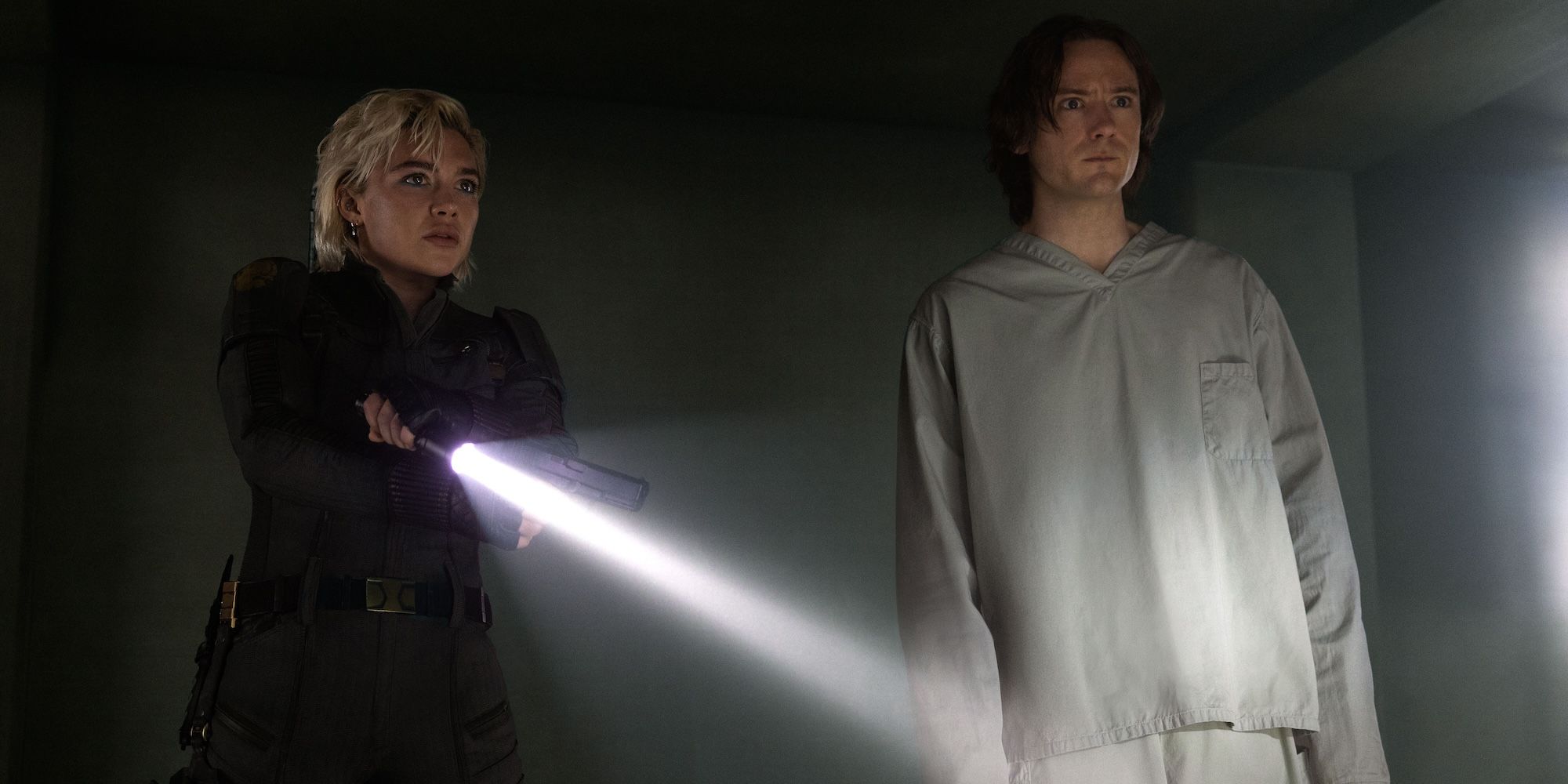 Florence Pugh as Yelena Belova and Lewis Pullman as Robert 'Bob' Reynolds / Sentry in Thunderbolts.