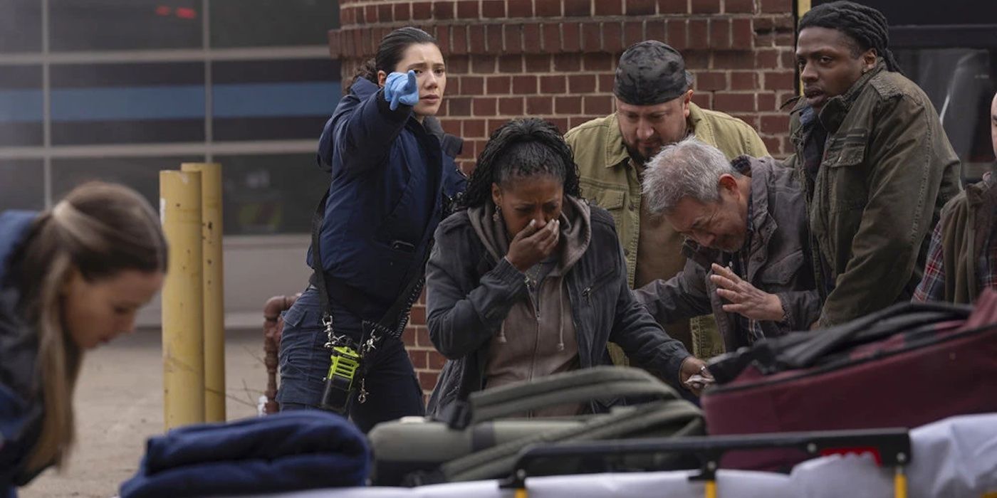 Violet (Hanako Greensmith) directs victims away from the scene in the Chicago Fire Season 13 finale.