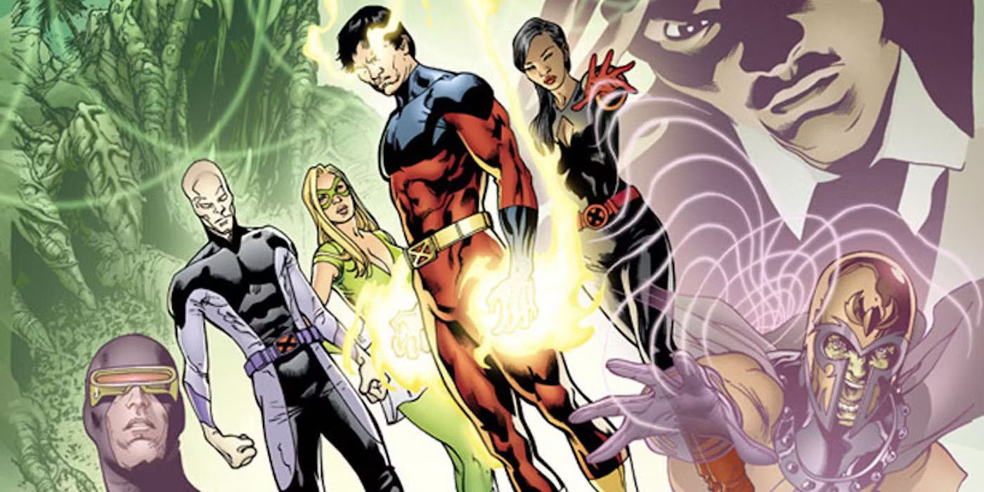 A new team of mutants stand in front of images of Charles Xavier and Magneto in Marvel Comics.
