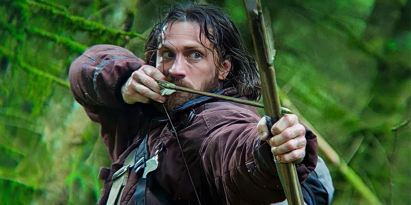 Jamie aiming a bow and arrow in 28 Years Later