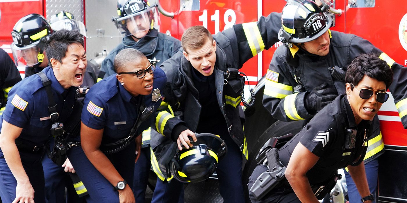 Chim, Buck, Eddie, Hen, and Athena standing together behind a fire truck in 9-1-1.