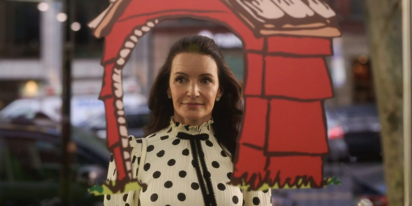 Charlotte is framed in a dog hous decal at doggy daycare in And Just Like That 