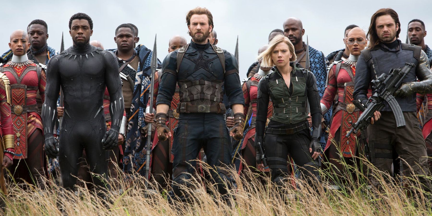 Captain America and the Avengers standing in line looking ahead in Avengers Infinity War