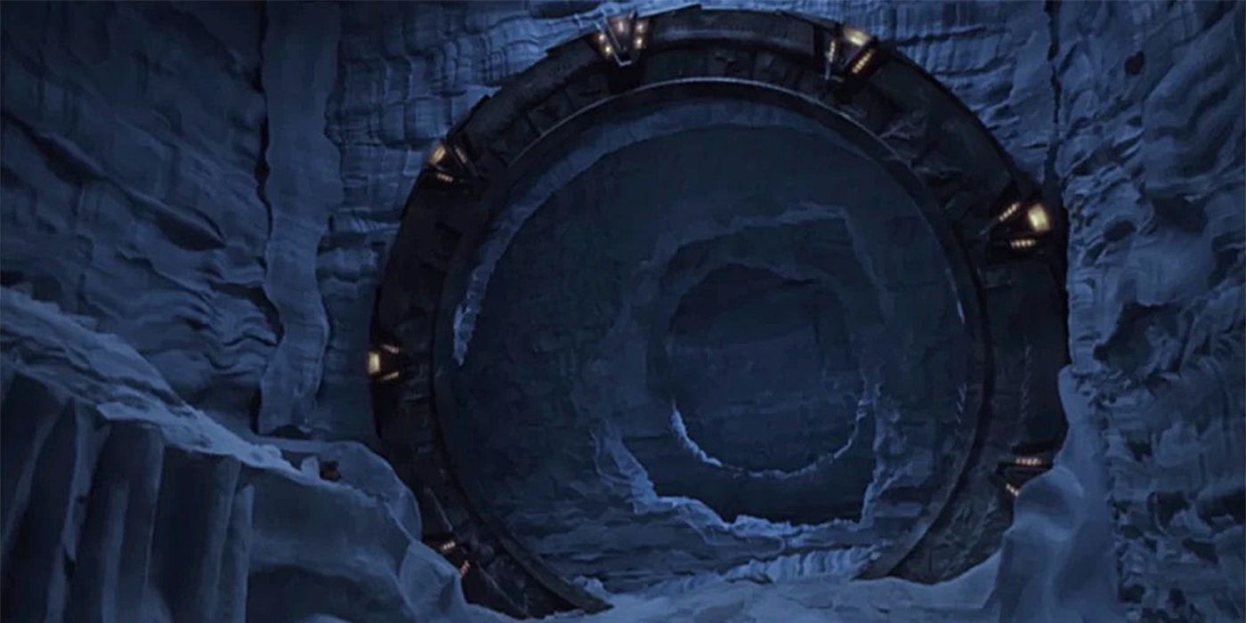 A shot of a Stargate buried in the snow in Stargate SG-1 "Solitudes".