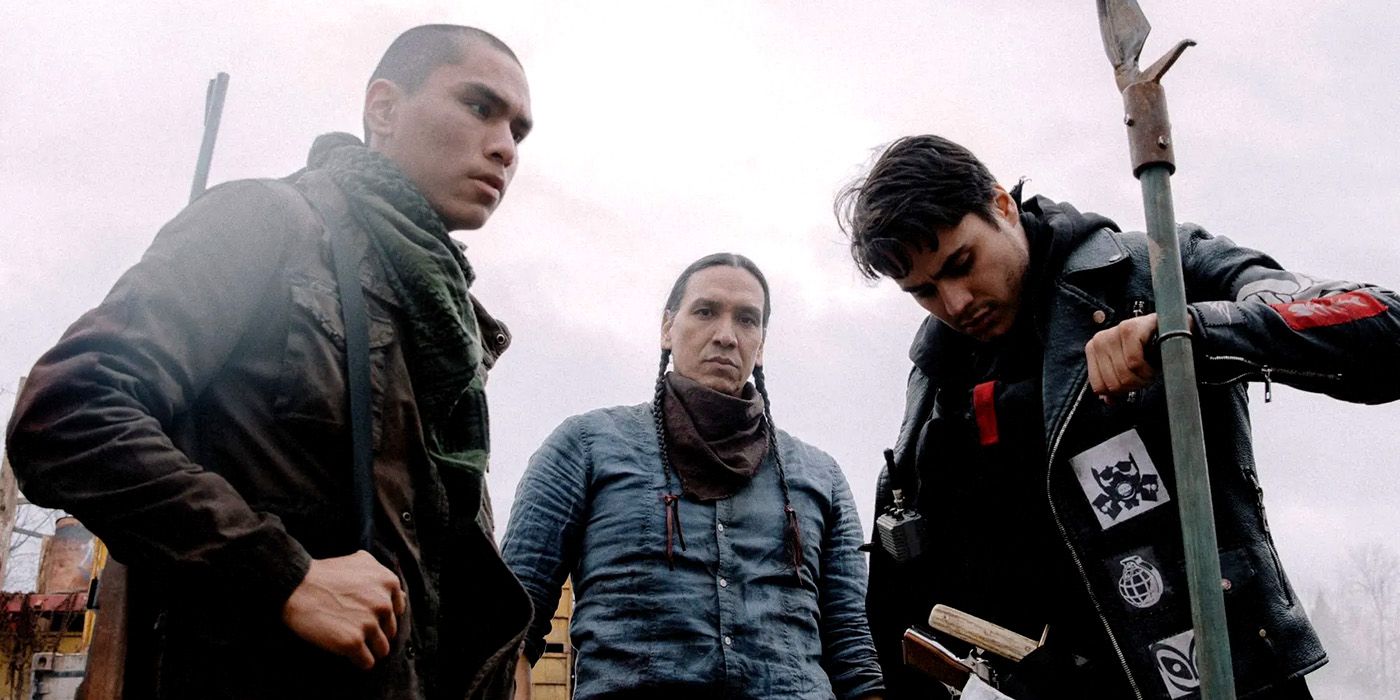 Three main characters standing around together in 'Blood Quantum' (2019)