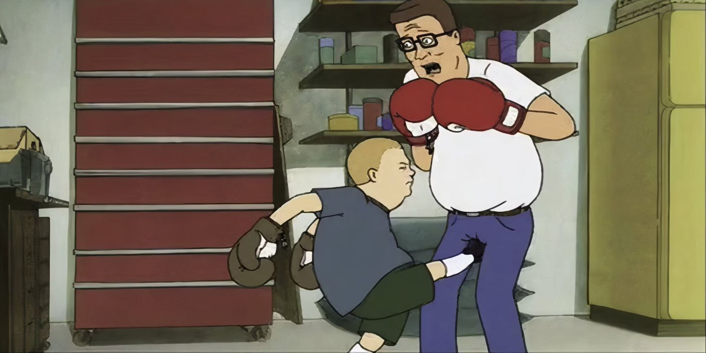 Bobby Hill kicking Hank Hill in the nuts in King of the Hill.