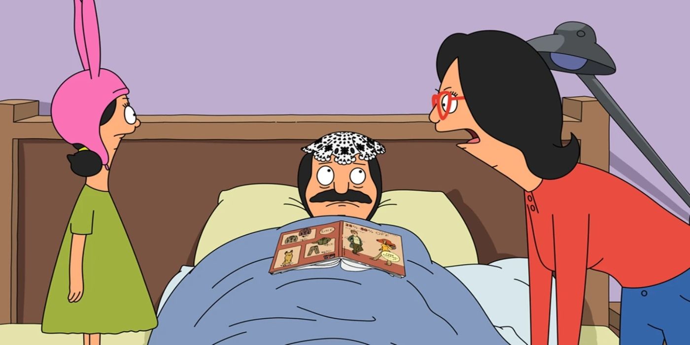 Louise and Linda argue over Bob who lays in bed in Bob's Burgers Season 3, Episode 10.
