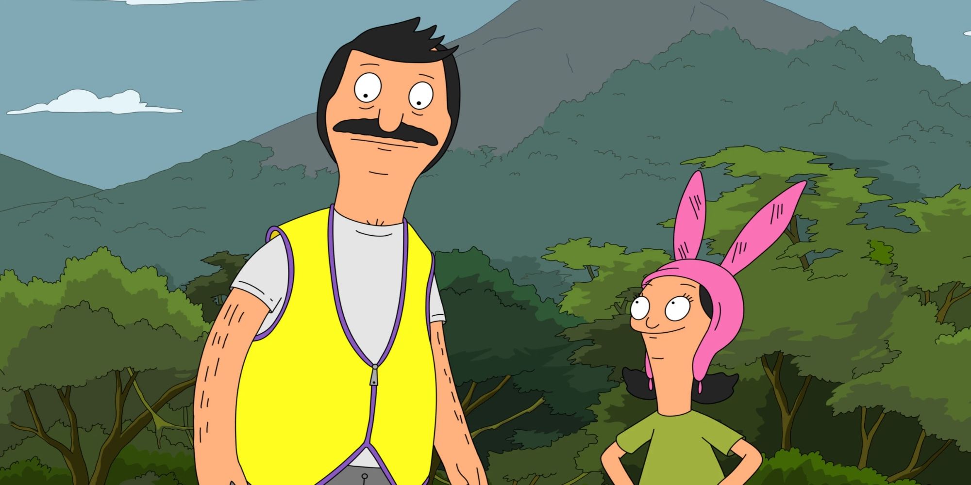 Bob in a yellow vest standing next to Louise outdoors in Bob's Burgers Season 3, Episode 22.