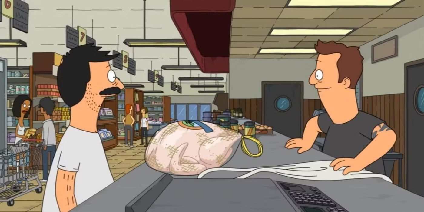 Bob looks across a counter at a person with a raw turkey between them in Bob's Burgers Season 4, Episode 5.