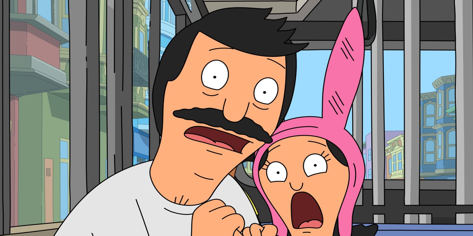 Bob and Louise looking shocked in Bob's Burgers Season 5, Episode 20.