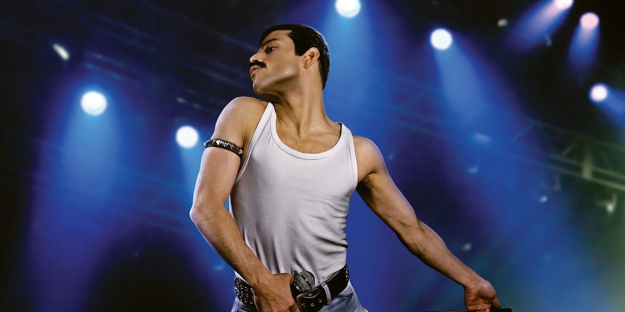 Freddie Mercury on stage in Bohemian Rhapsody