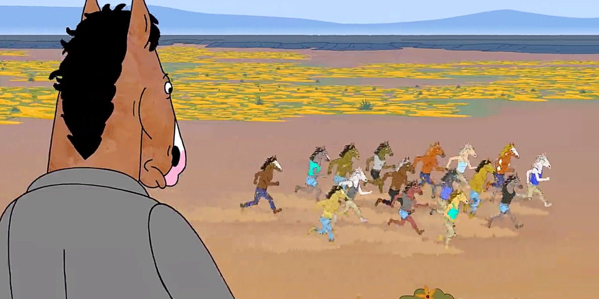 BoJack Horseman watching the horses run past in the desert in the BoJack Horseman Season 3 finale.
