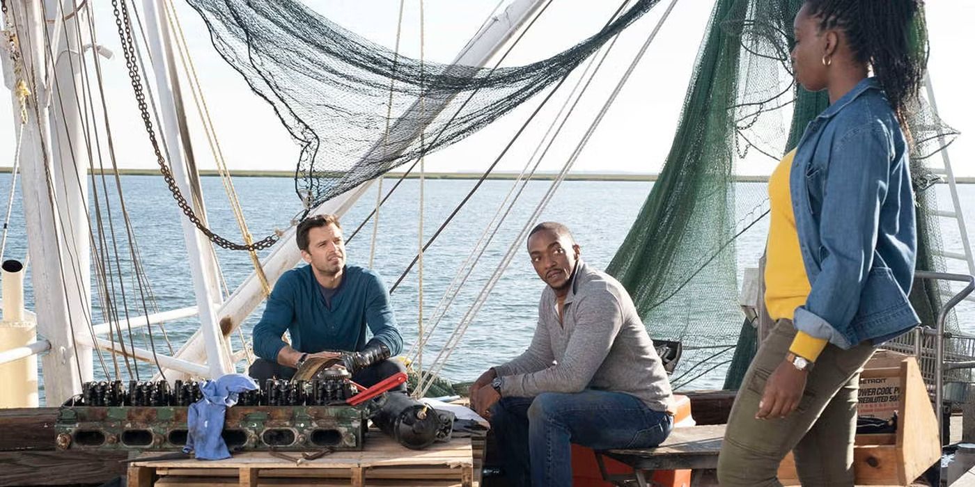 Bucky, Sam, and Sarah on a boat in 'Falcon and the Winter Soldier'