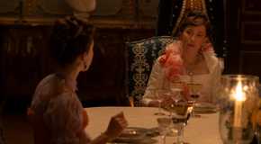 Bertha Russell (Carrie Coon) at the dinner table in The Gilded Age Season 3