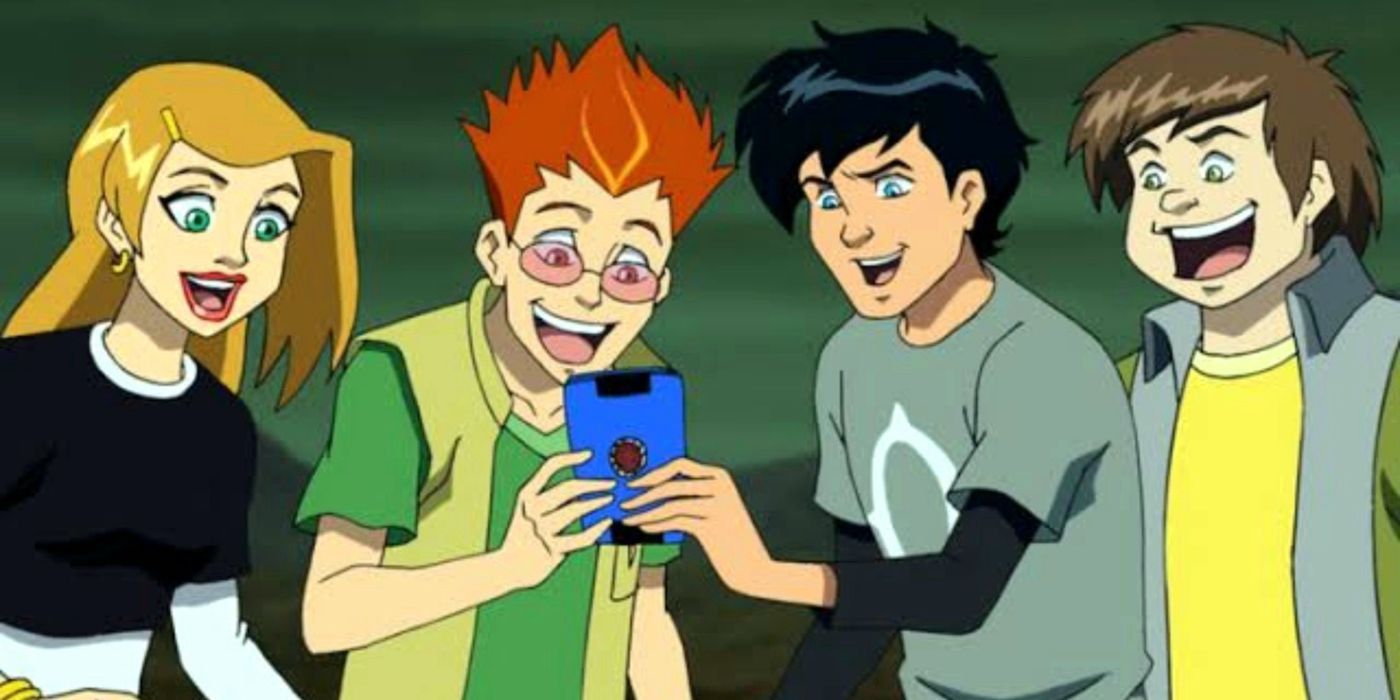 Characters from Chaotic looking at a phone