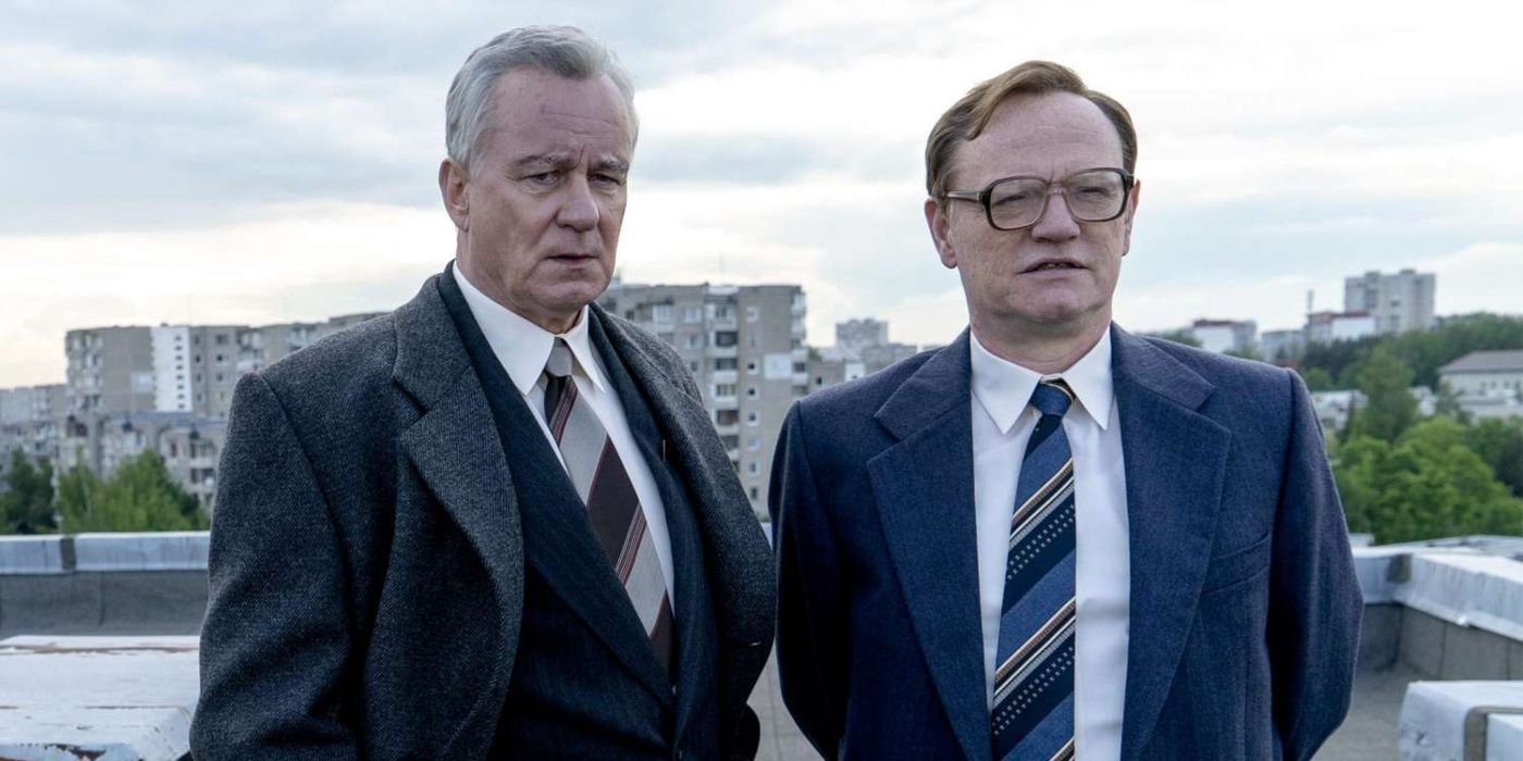 Boris (Stellan Skarsgard) and Valery (Jared Harris) stand outside in 'Chernobyl.'