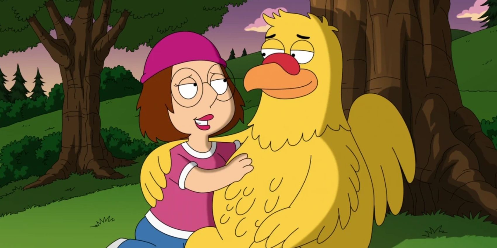 Meg de Mila Kunis com o frango gigante em Family Guy.