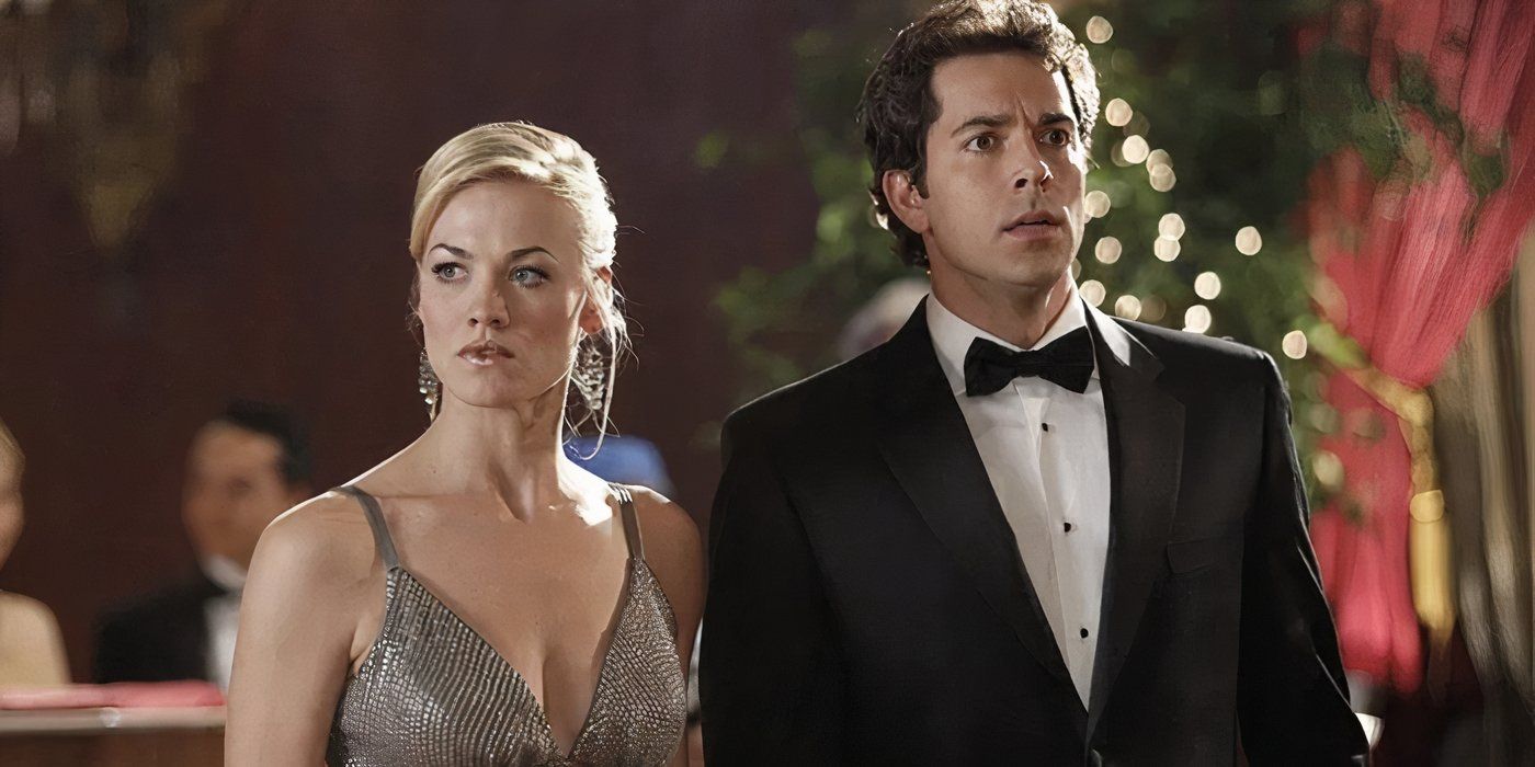 Yvonne Strahovski as Sarah and Zachary Levi as Chuck in formal wear, looking concerned in Chuck.