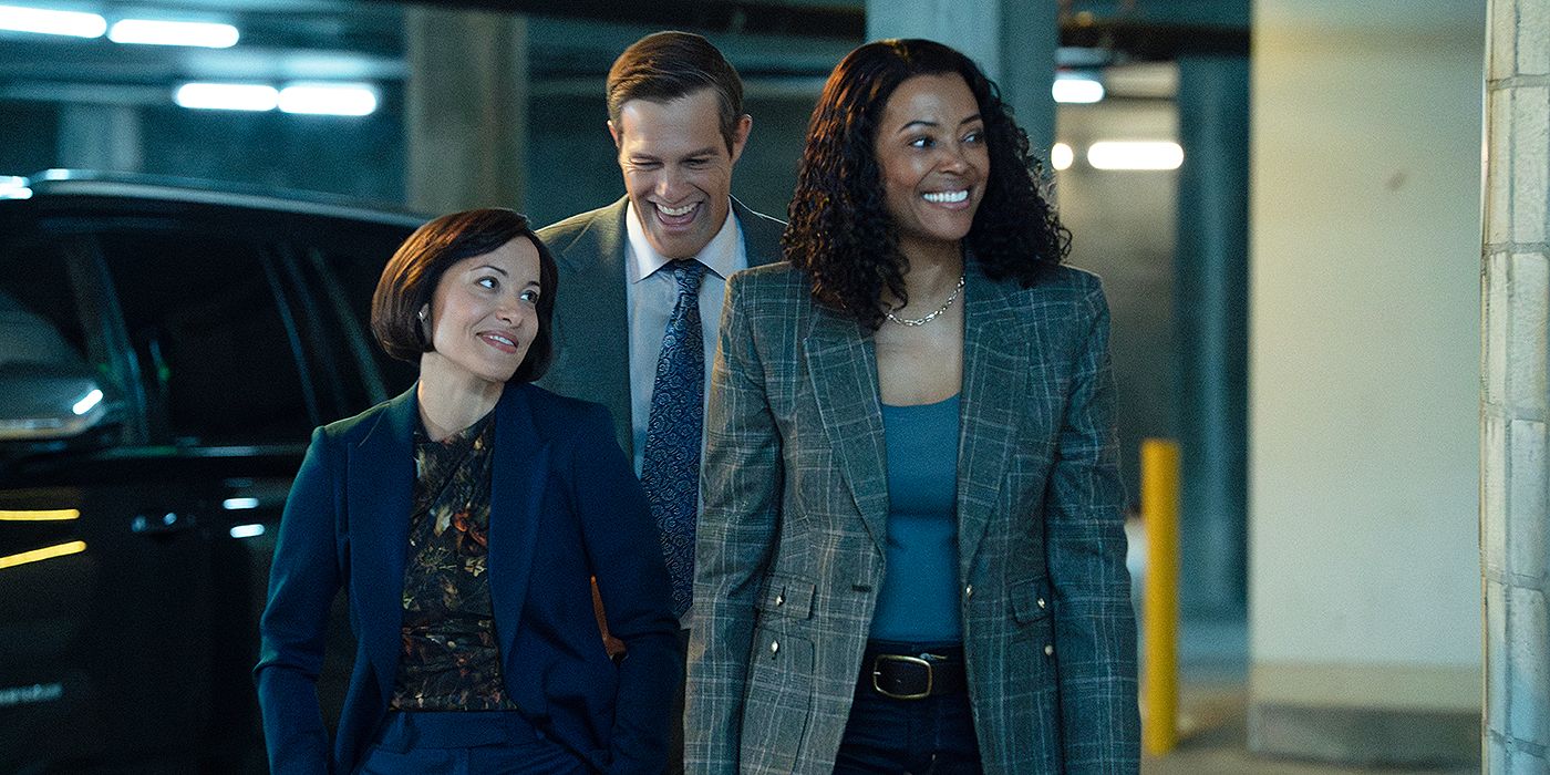 Tara (Aisha Tyler) e Rebecca (Nicole Pacent) se reúnem alegremente com Evan (Geoff Stults) atrás deles em mentes criminais