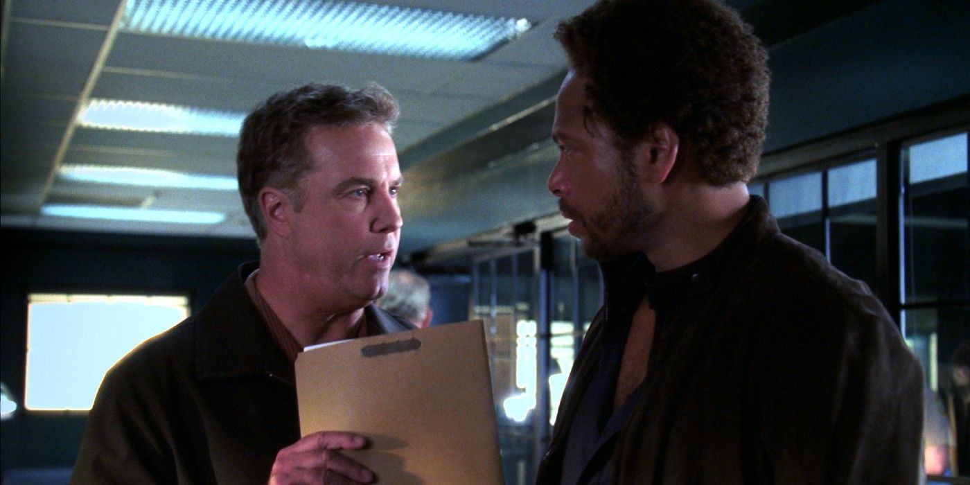 Gil Grissom (William Petersen) confronts Warrick Brown (Gary Dourdan) in an emotionally charged moment during the 'CSI' episode "Cockroaches."