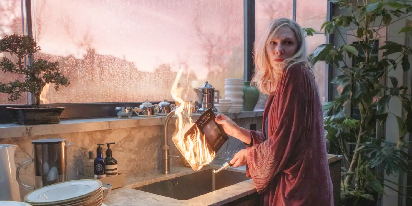 Catherine (Cate Blanchett) looking over her shoulder and burning a book over the sink in Disclaimer.