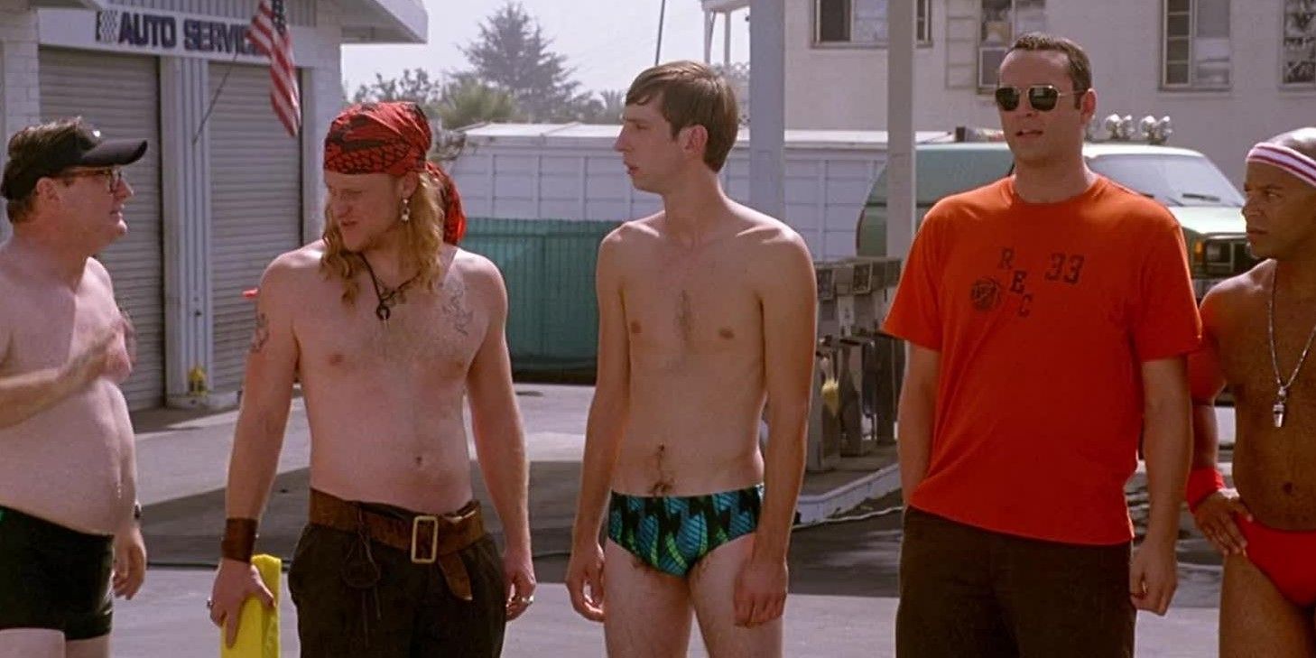 The cast wash cars in tiny bathing suits and short shorts in Dodgeball: A True Underdog Story.