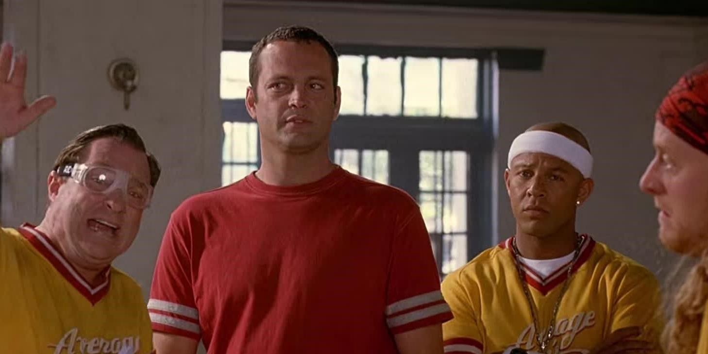 Some of the main cast wearing sports uniforms look around awkwardly in Dodgeball: A True Underdog Story.