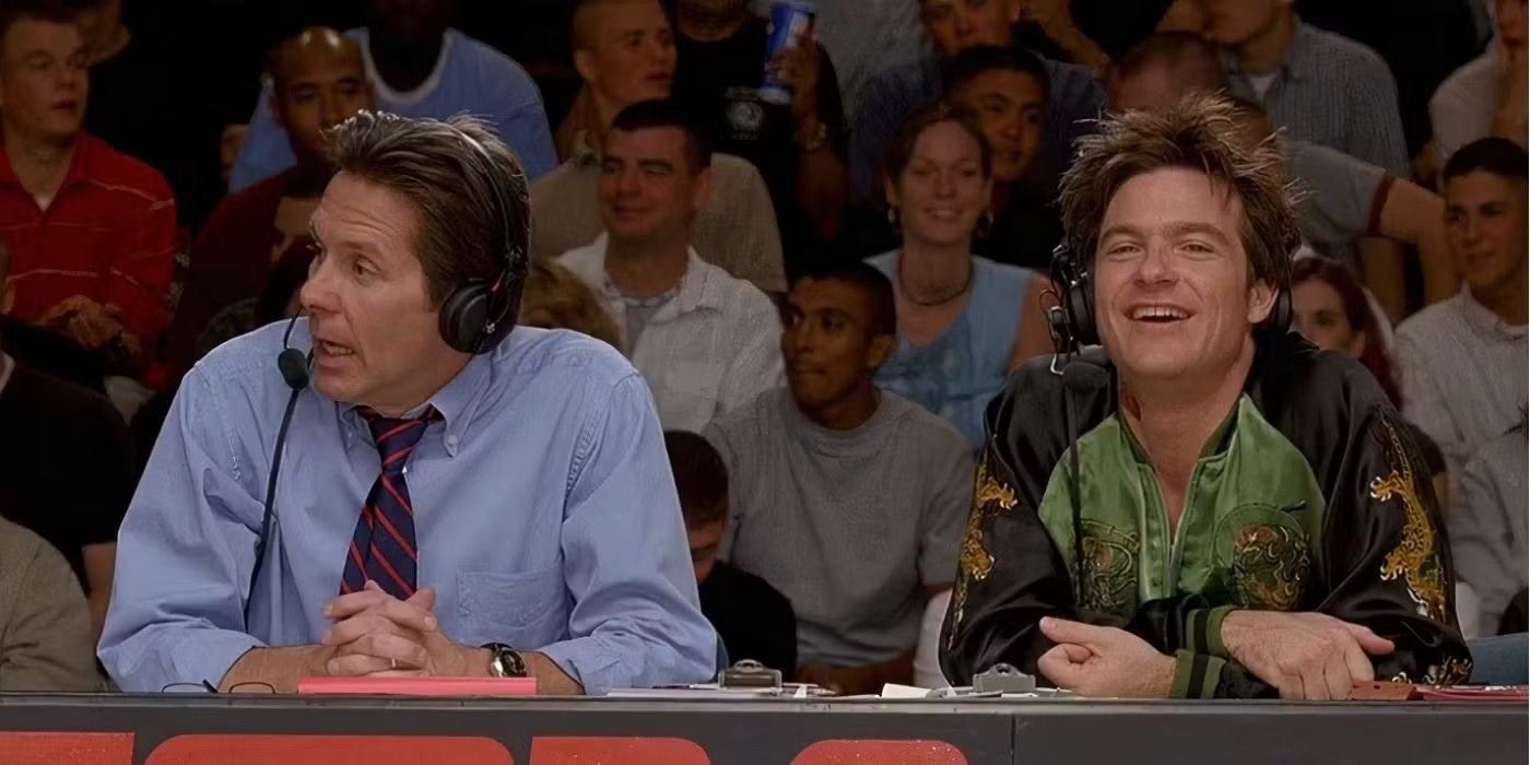 Pepper Brooks and Cotton McKnight at the commentator's booth in Dodgeball: A True Underdog Story.