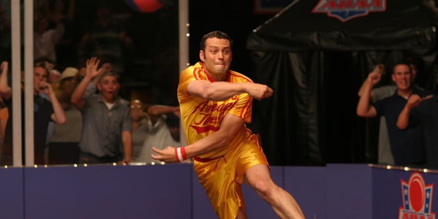 Vince Vaughn as Peter LaFleur throws a dodgeball during a competition in Dodgeball: A True Underdog Story.