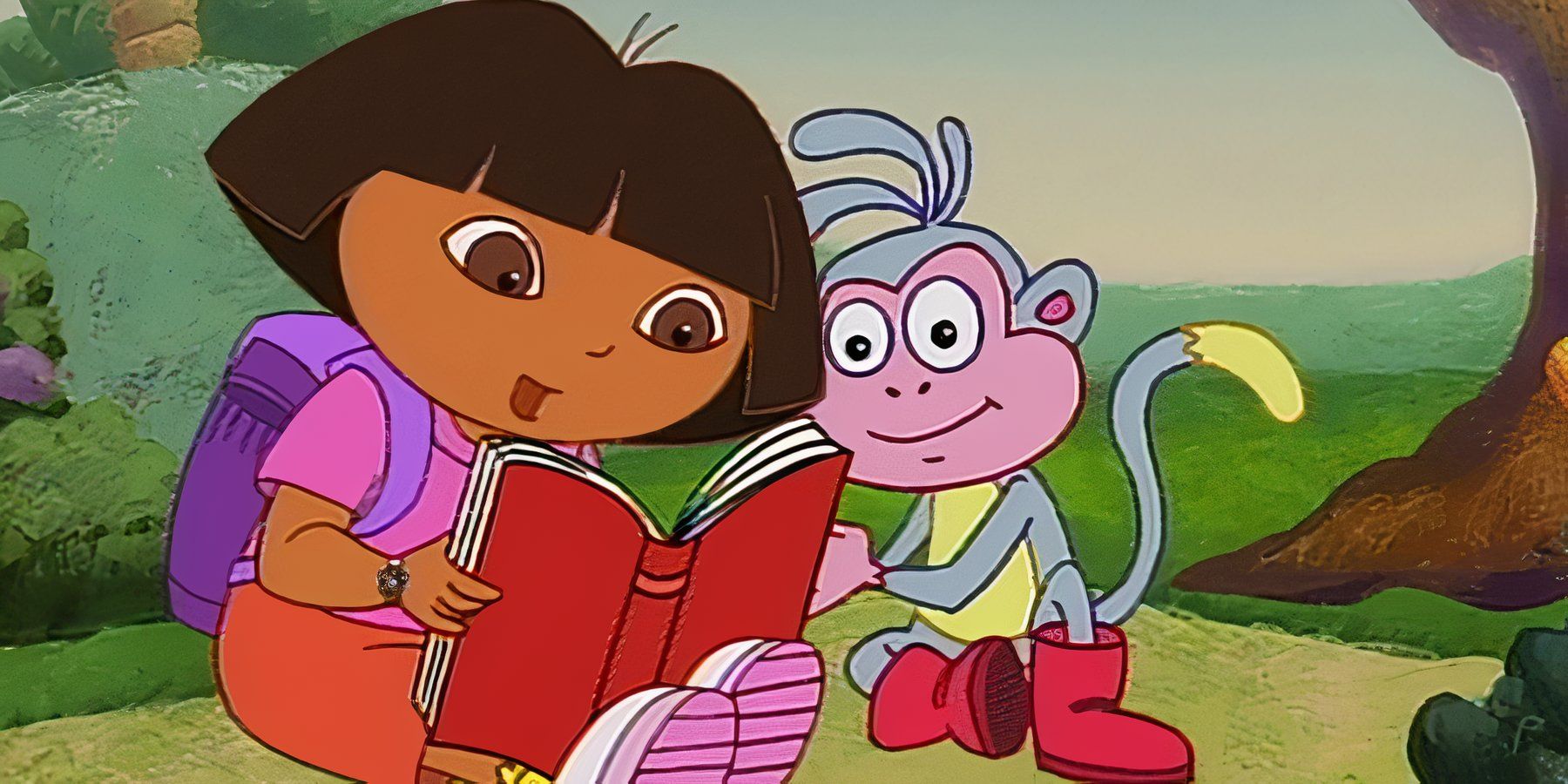 Dora and Boots in Dora the Explorer sitting and reading a red book.