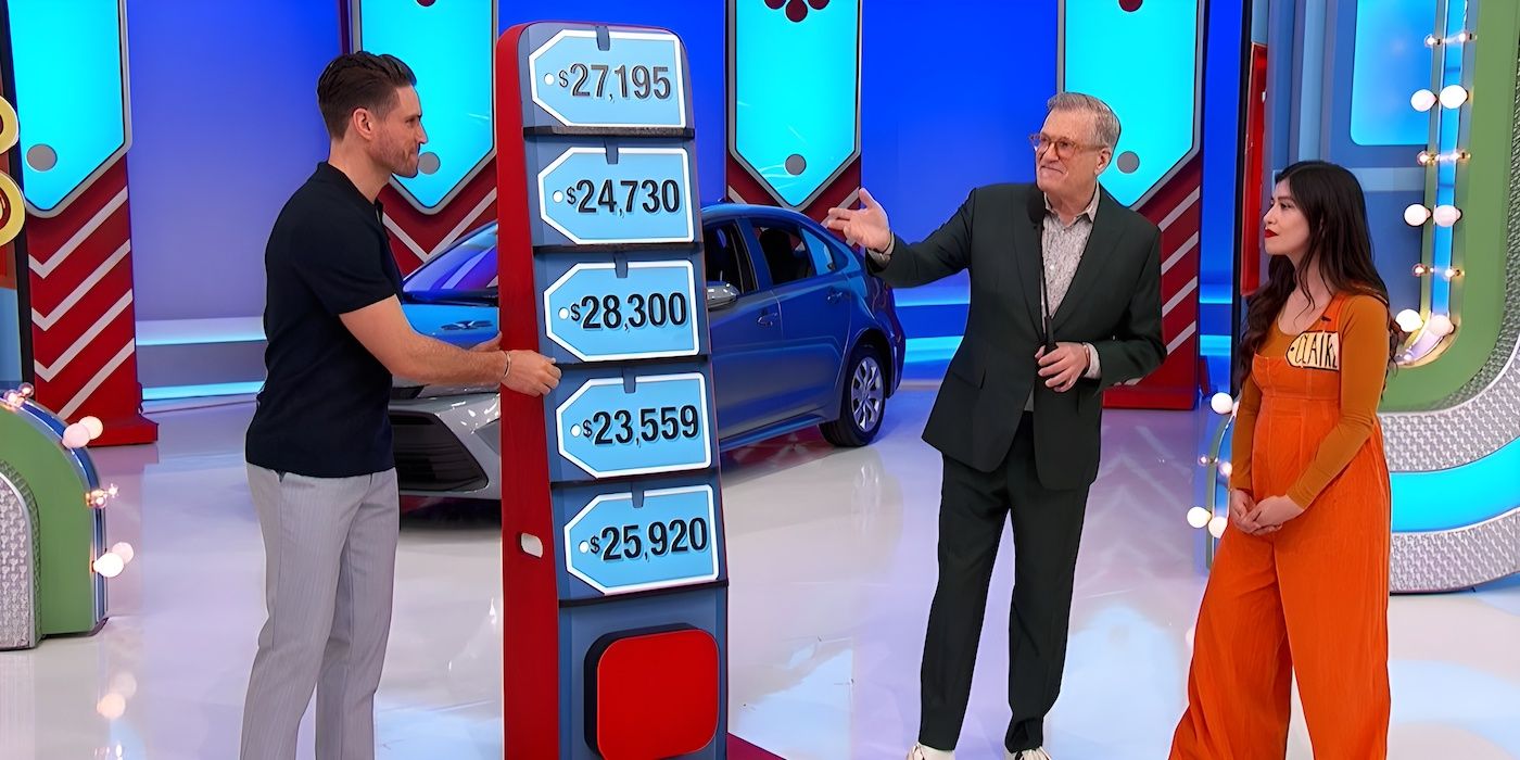 Drew Carey introduces the Five Price Tags game to Claire Tongbalad on The Price Is Right.