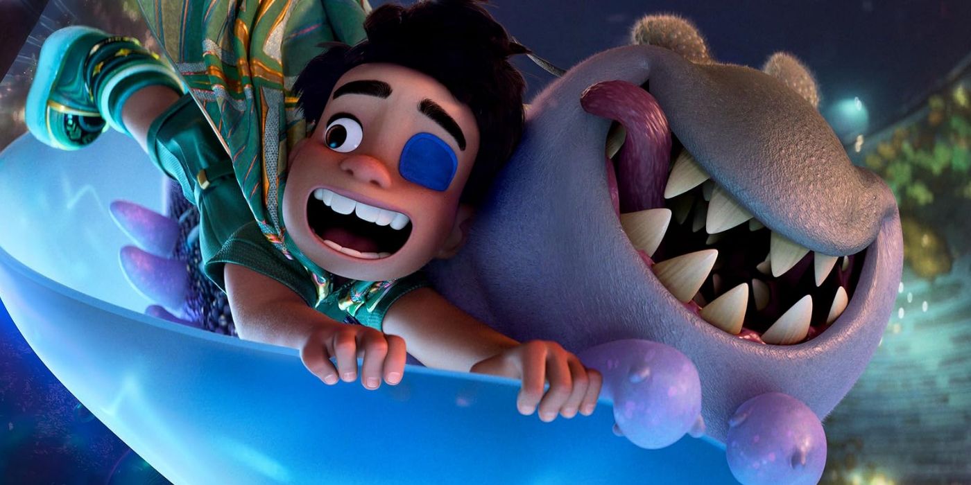 Elio (Yonas Kibreab) and Glordon (Remy Edgerly) flying through the intergalactic sky in Pixar's 'Elio.'
