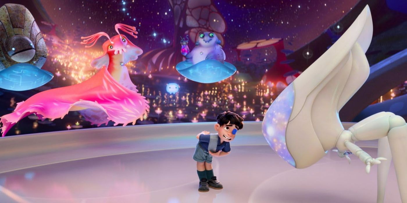 Elio (Yonas Kibreab) bowing to alien emissaries in 'Elio.'