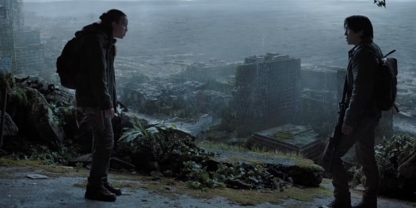 Ellie and Jesse argue on a ledge above an abandoned city in the rain in The Last of Us.