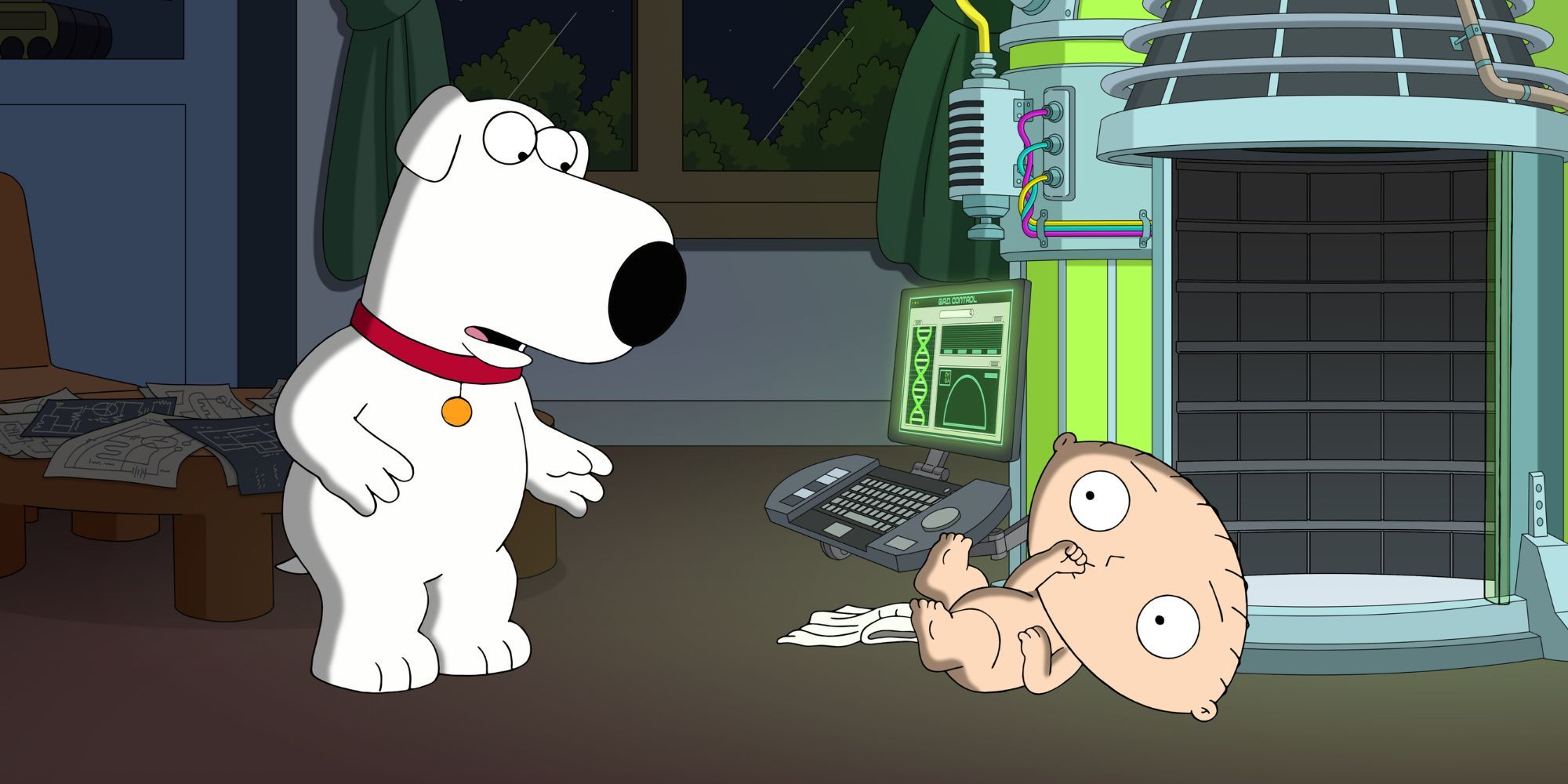 Brian looking at Stewie who is lying on the floor in front of him sucking his thumb in Family Guy episode Baby Stewie