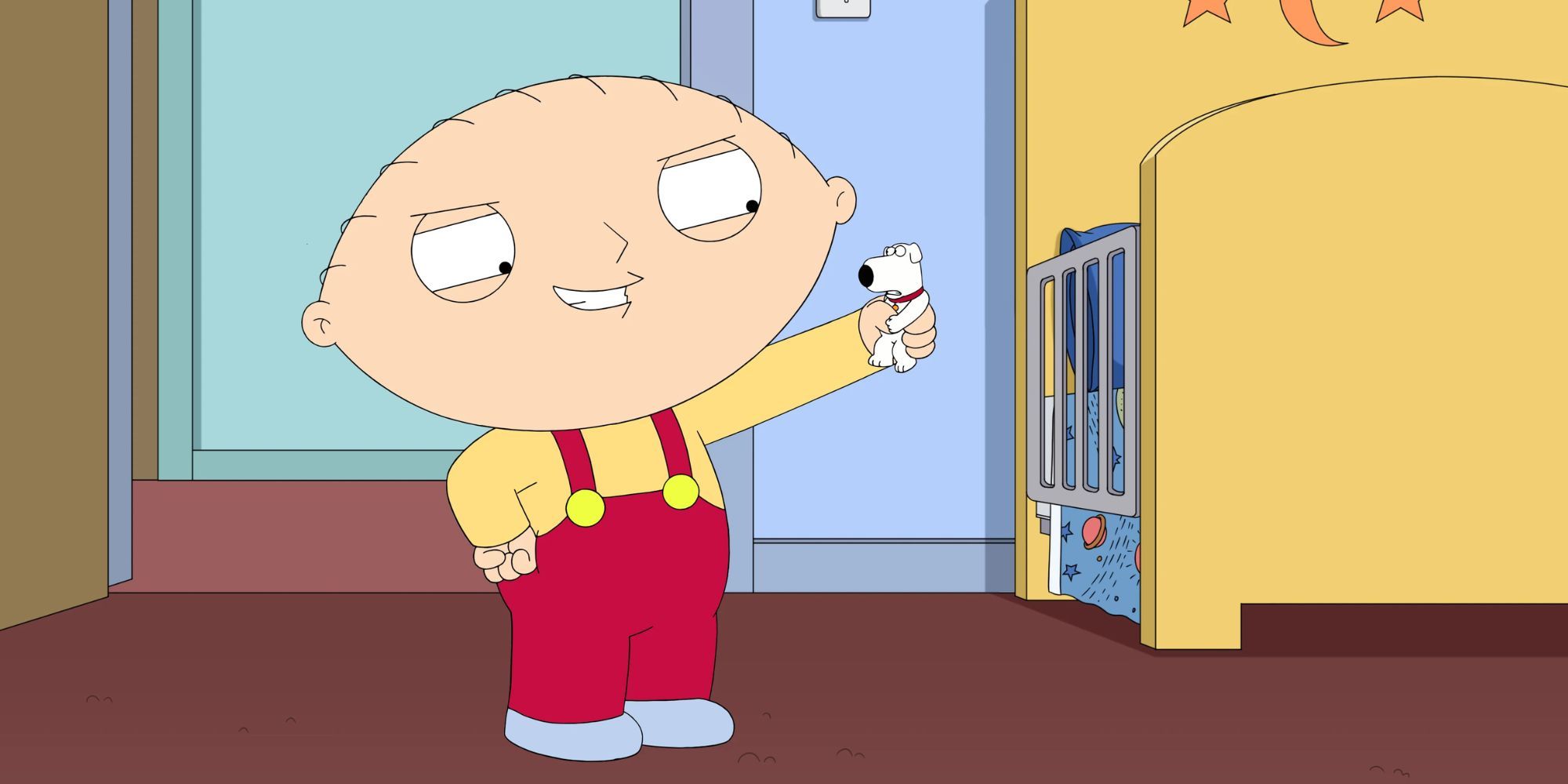 Stewie holding a miniature sized Brian in his hand in Family Guy episode Big Trouble in Little Quahog