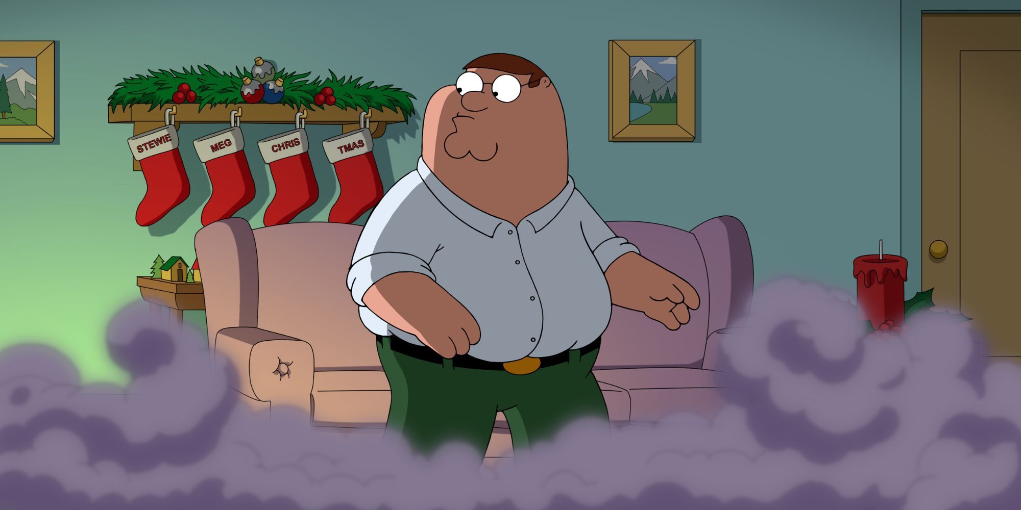 Peter standing in his living room with smoke swarming around his feet in Family Guy episode Don't Be a Dickens at Christmas